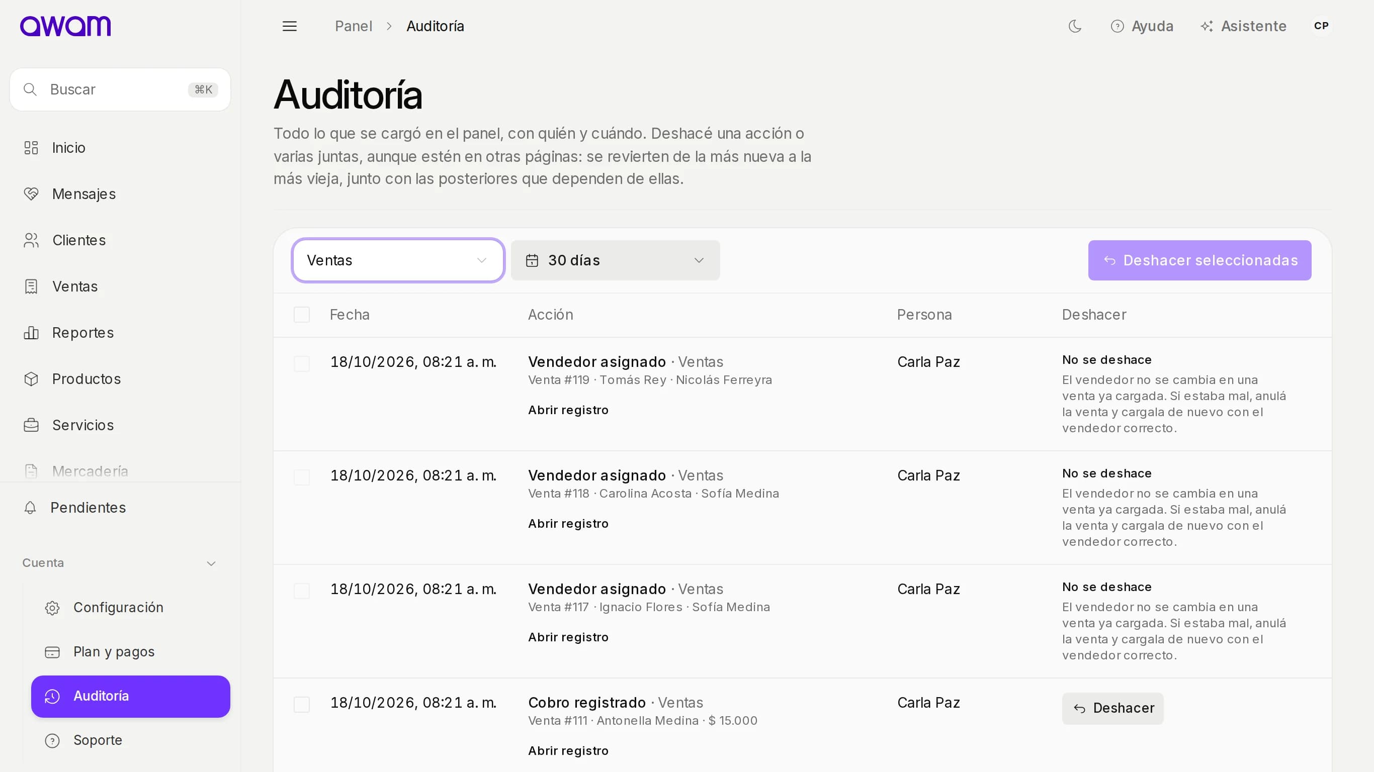 Auditoría filtrada por Ventas con las acciones, la persona y Deshacer