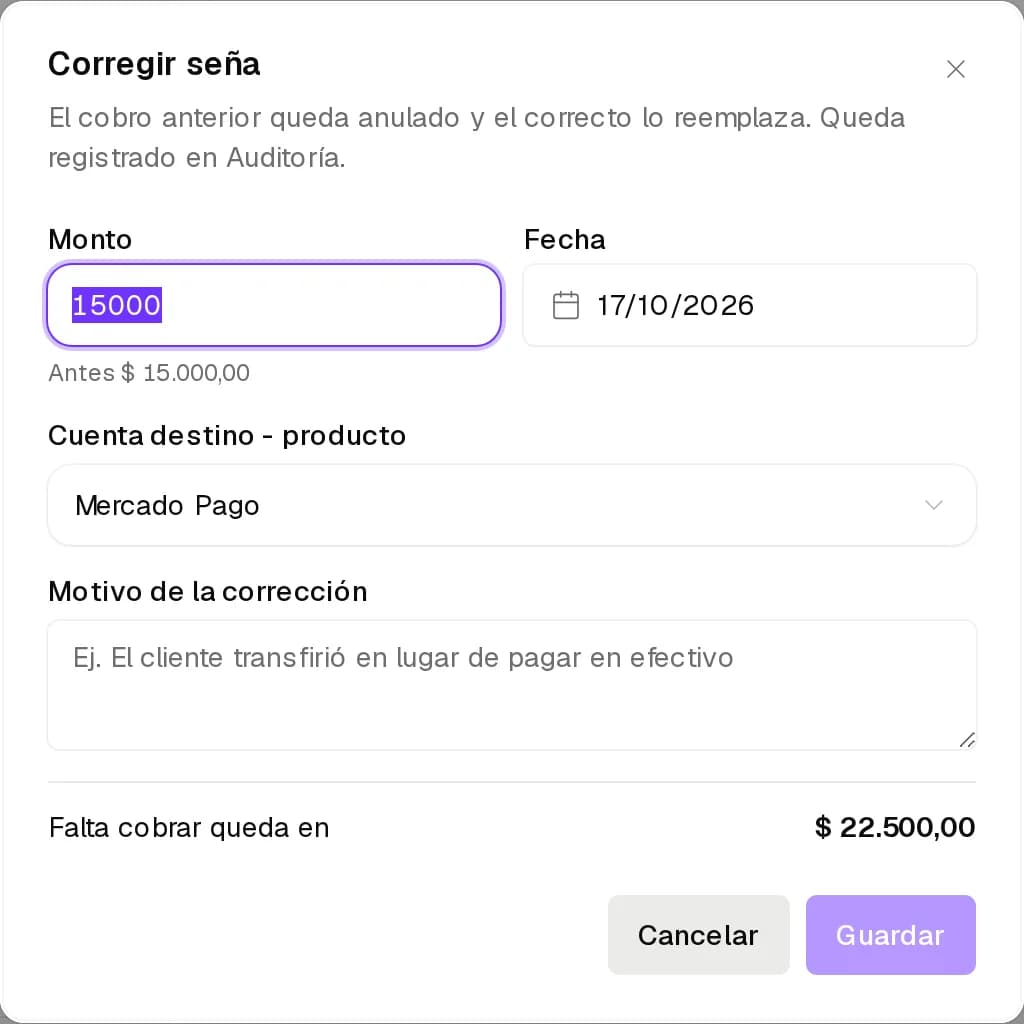 Corregir un cobro con el monto, la fecha, la cuenta y el motivo