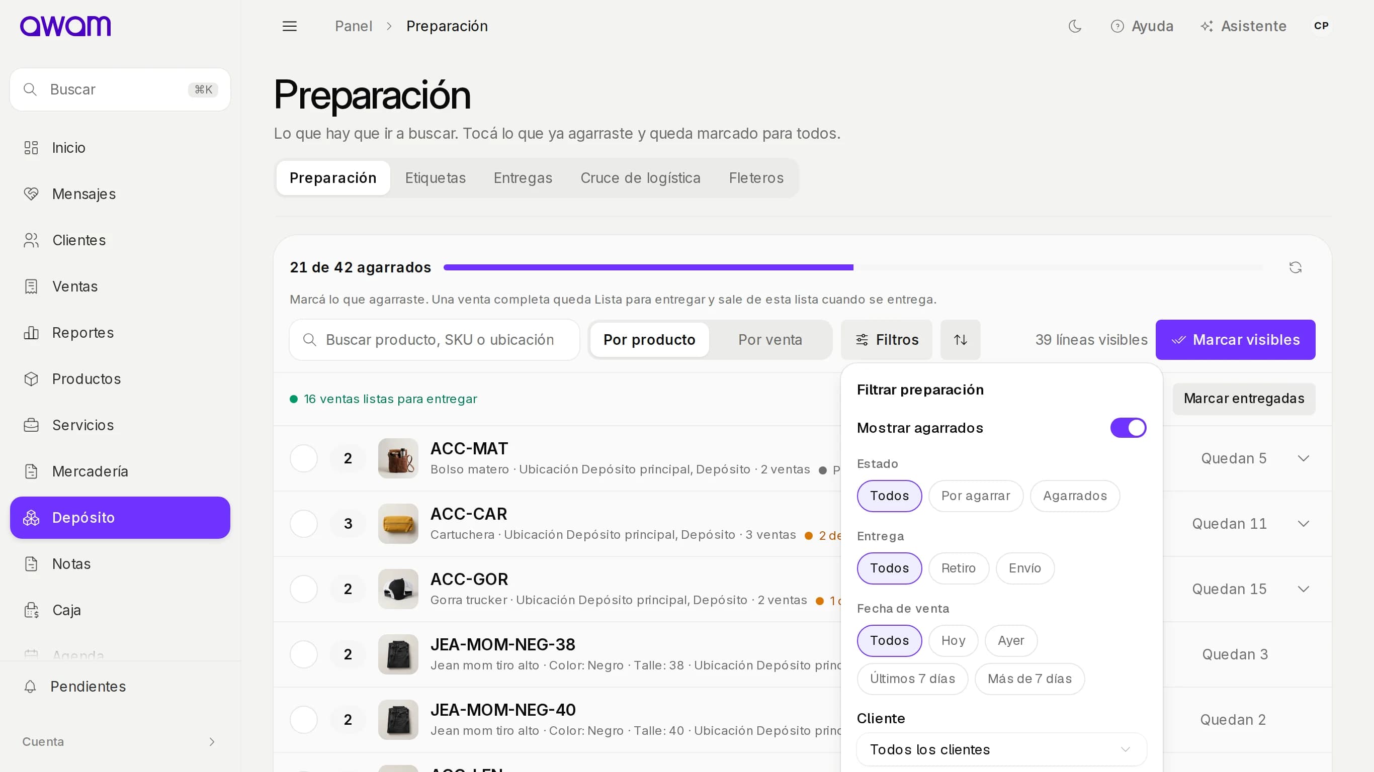 Filtrar preparación con Mostrar agarrados, Estado, Despacho, Entrega, Fecha de venta, Cliente, Canal, Zona y Ubicación