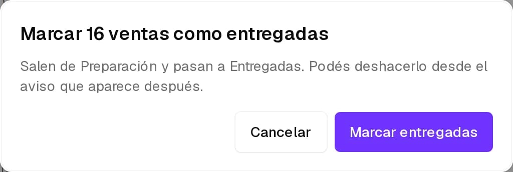 Confirmación para marcar las ventas listas como entregadas