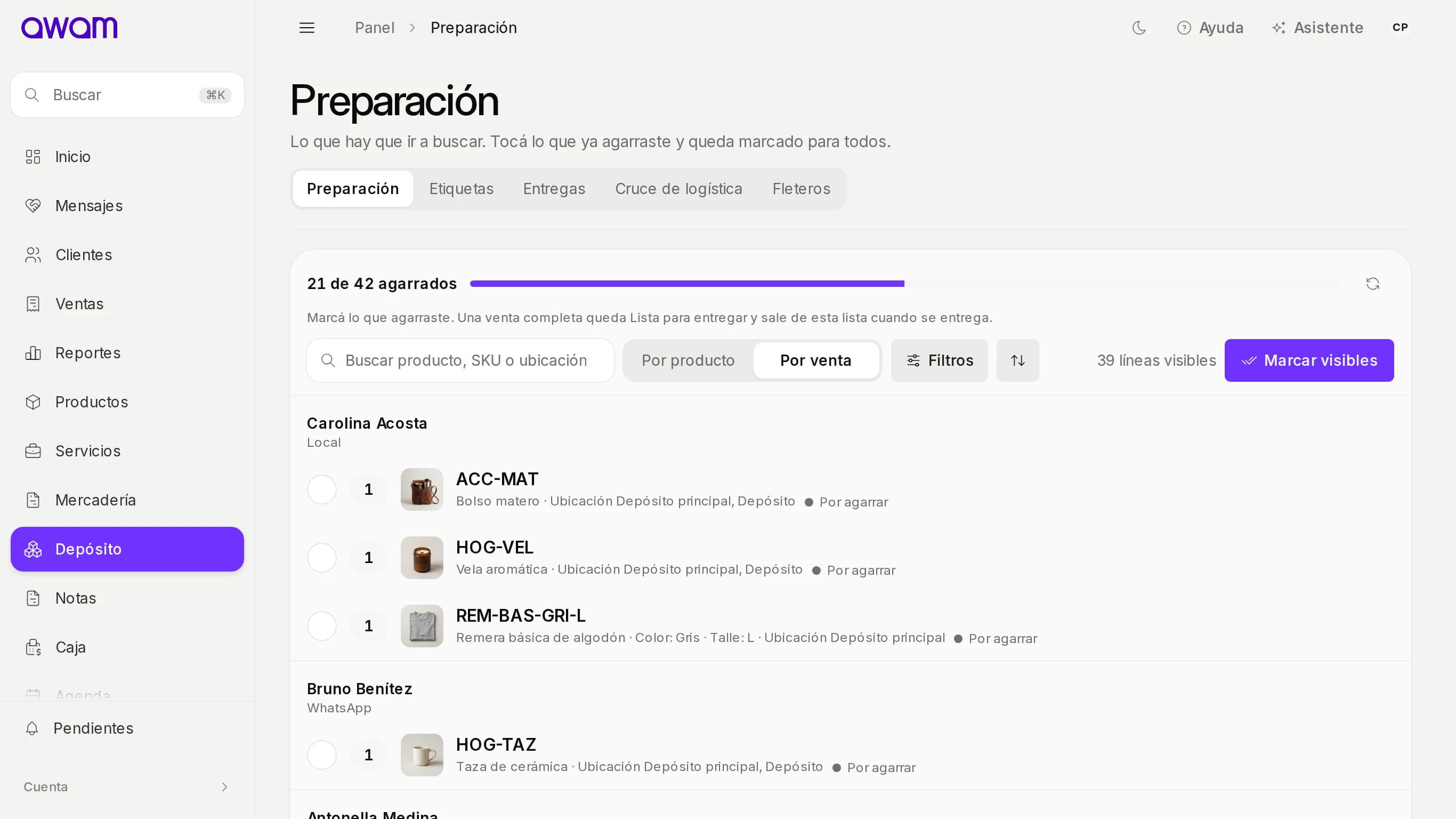 Preparación agrupada por venta, cada una con sus productos