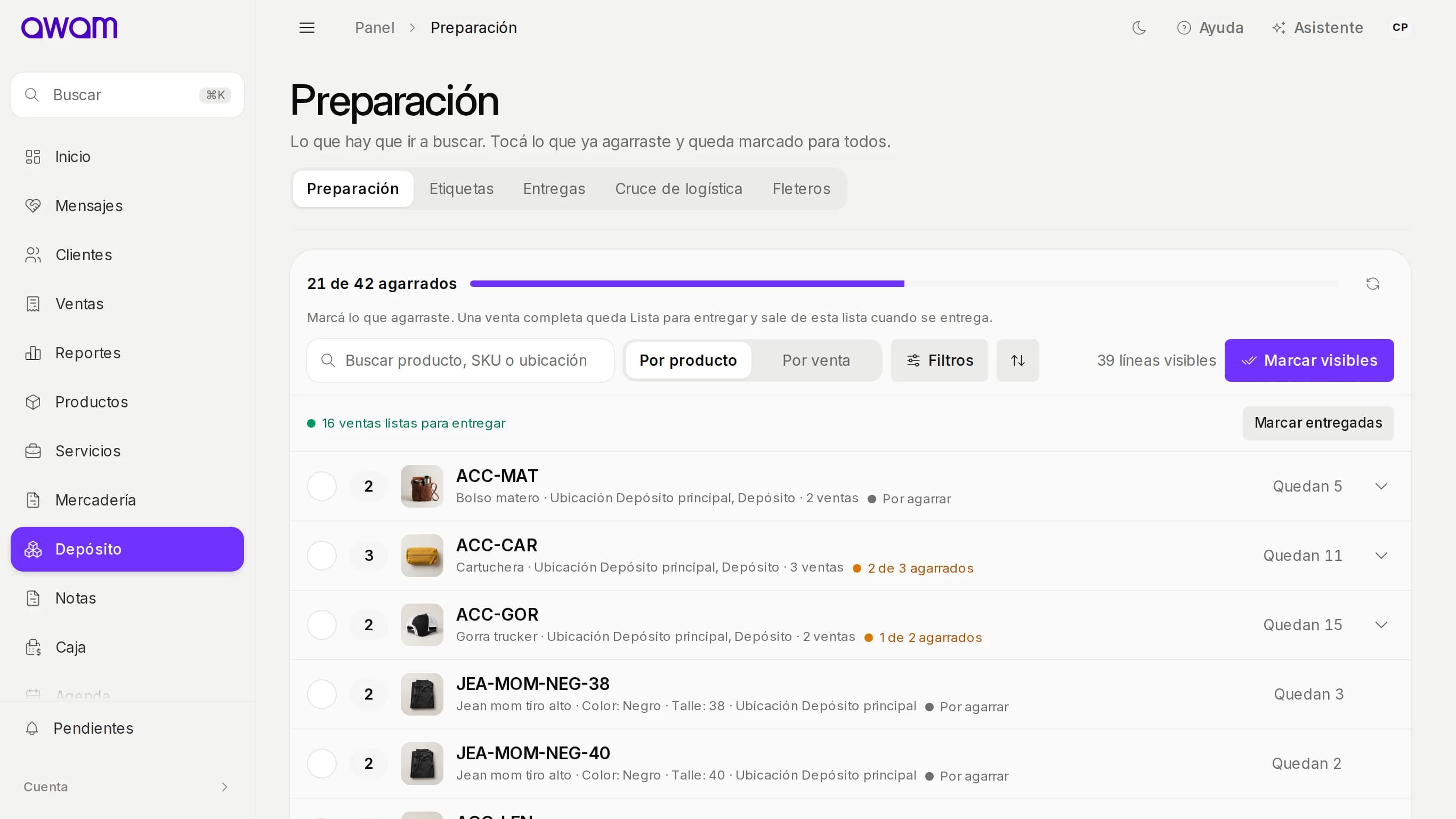 Preparación con el avance de lo agarrado y la lista de productos para buscar
