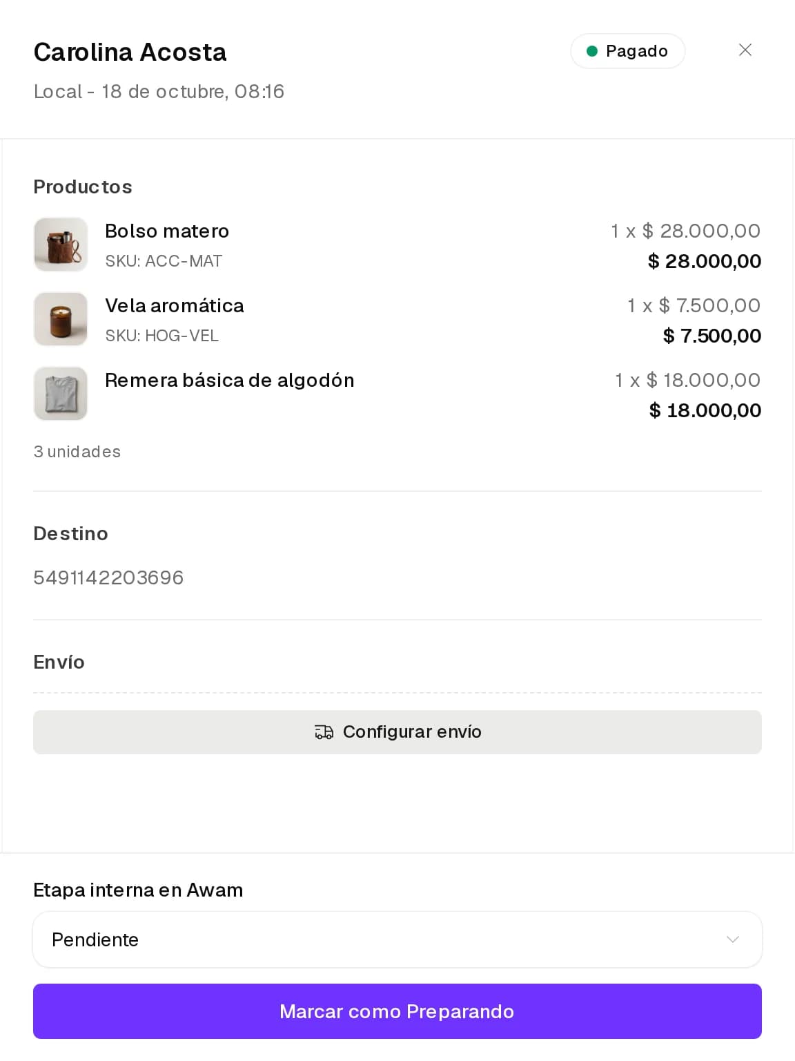 Detalle de un pedido con sus productos, el destino, Configurar envío y Marcar como Preparando