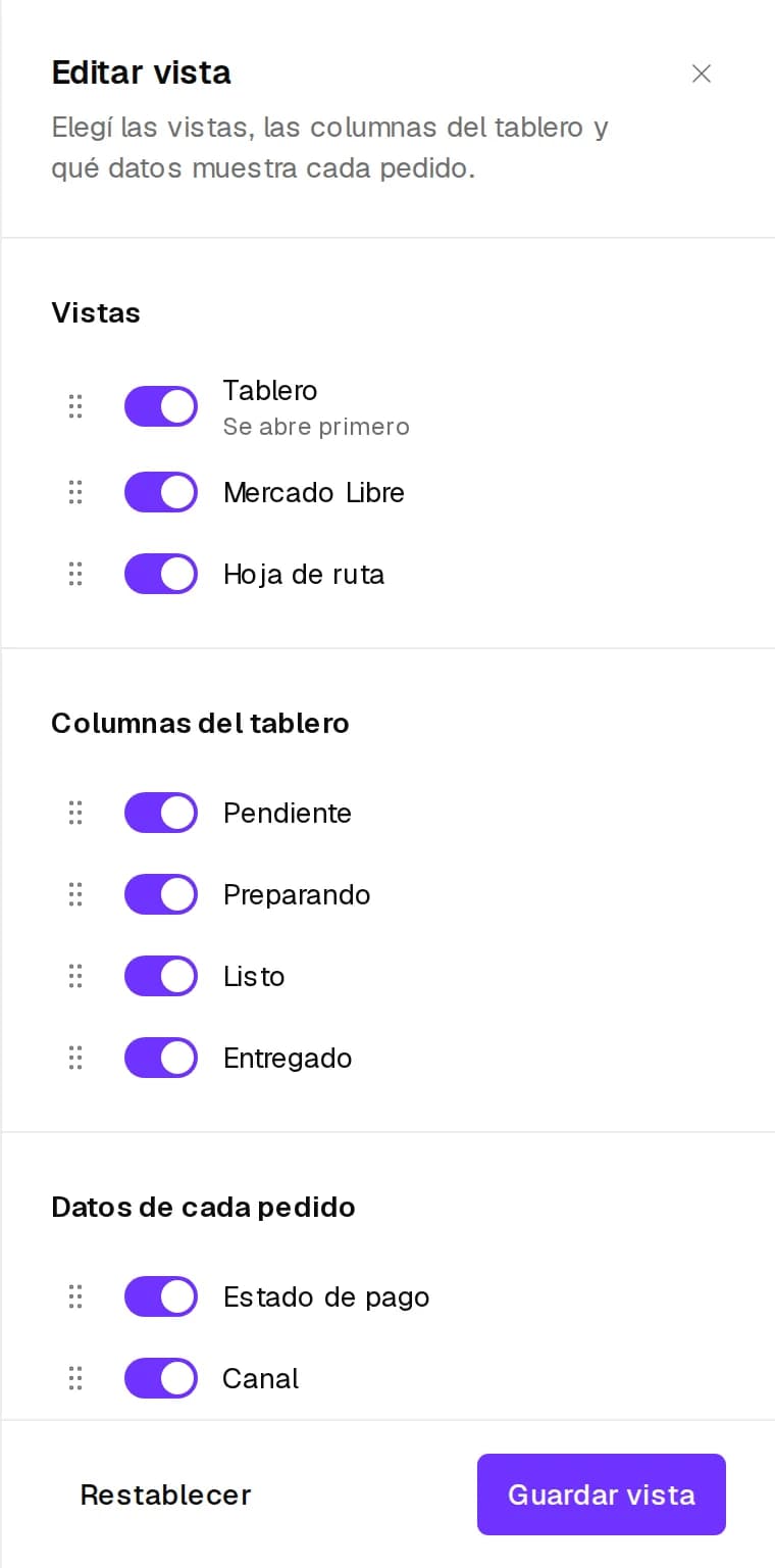 Editar vista de Entregas con vistas, columnas del tablero y datos de cada pedido