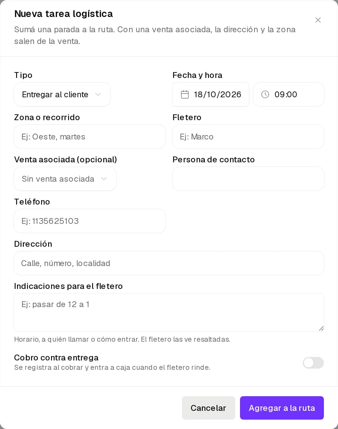 Diálogo Nueva tarea logística