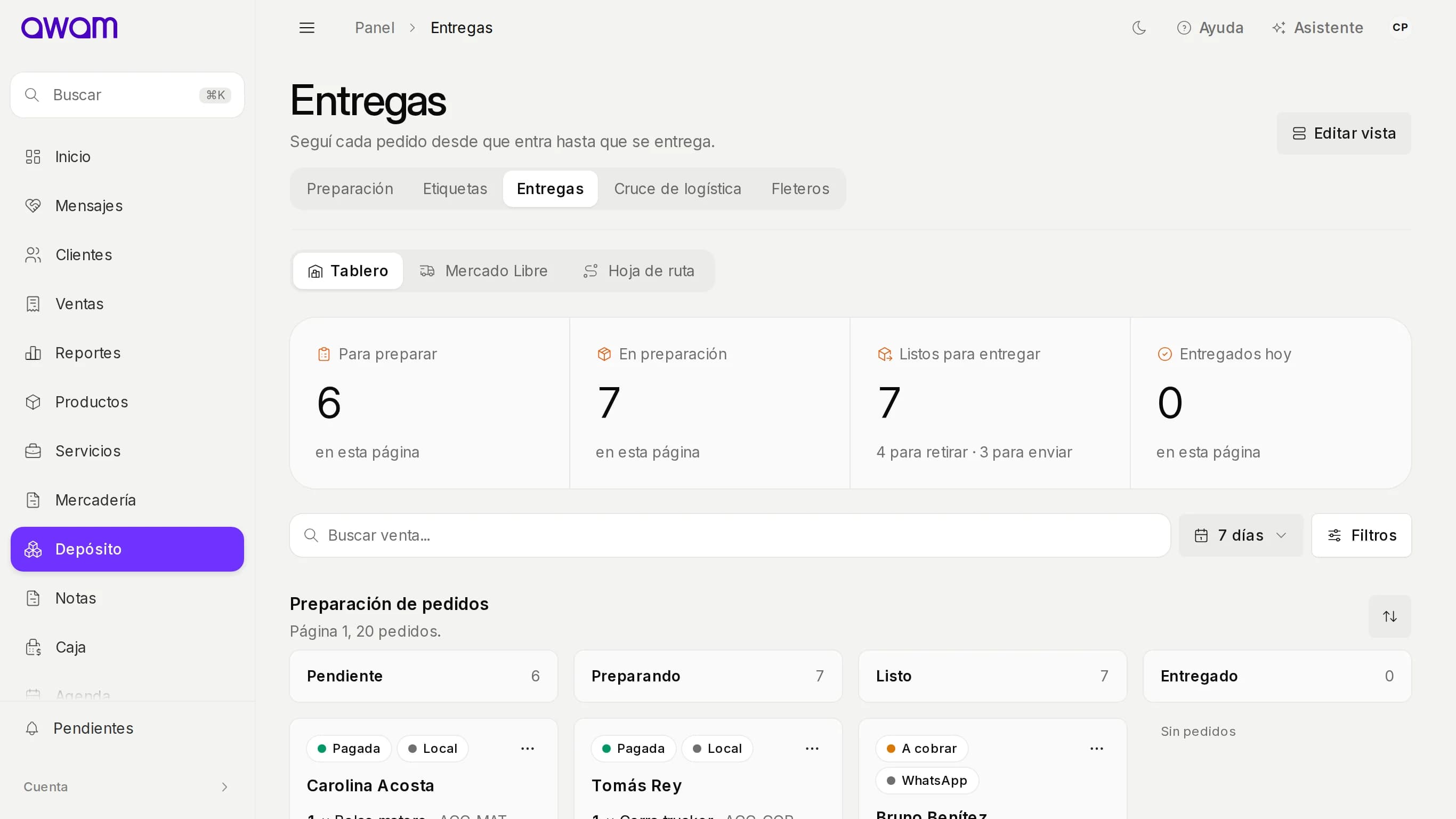 Tablero de entregas con los pedidos en Pendiente, Preparando, Listo y Entregado