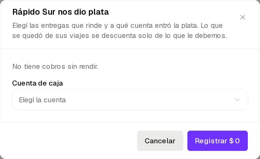 Registrar cobro de un fletero con las entregas que rinde y la cuenta de caja donde entra la plata