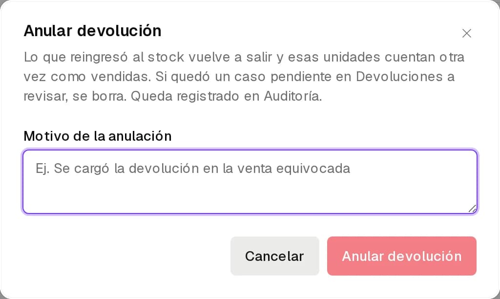 Anular devolución con el motivo