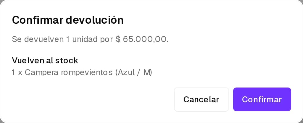Confirmar devolución con las unidades, el monto y lo que vuelve al stock