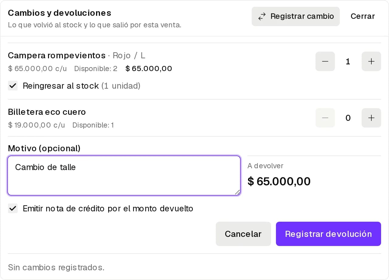 Devolución de una venta facturada con la opción de emitir nota de crédito
