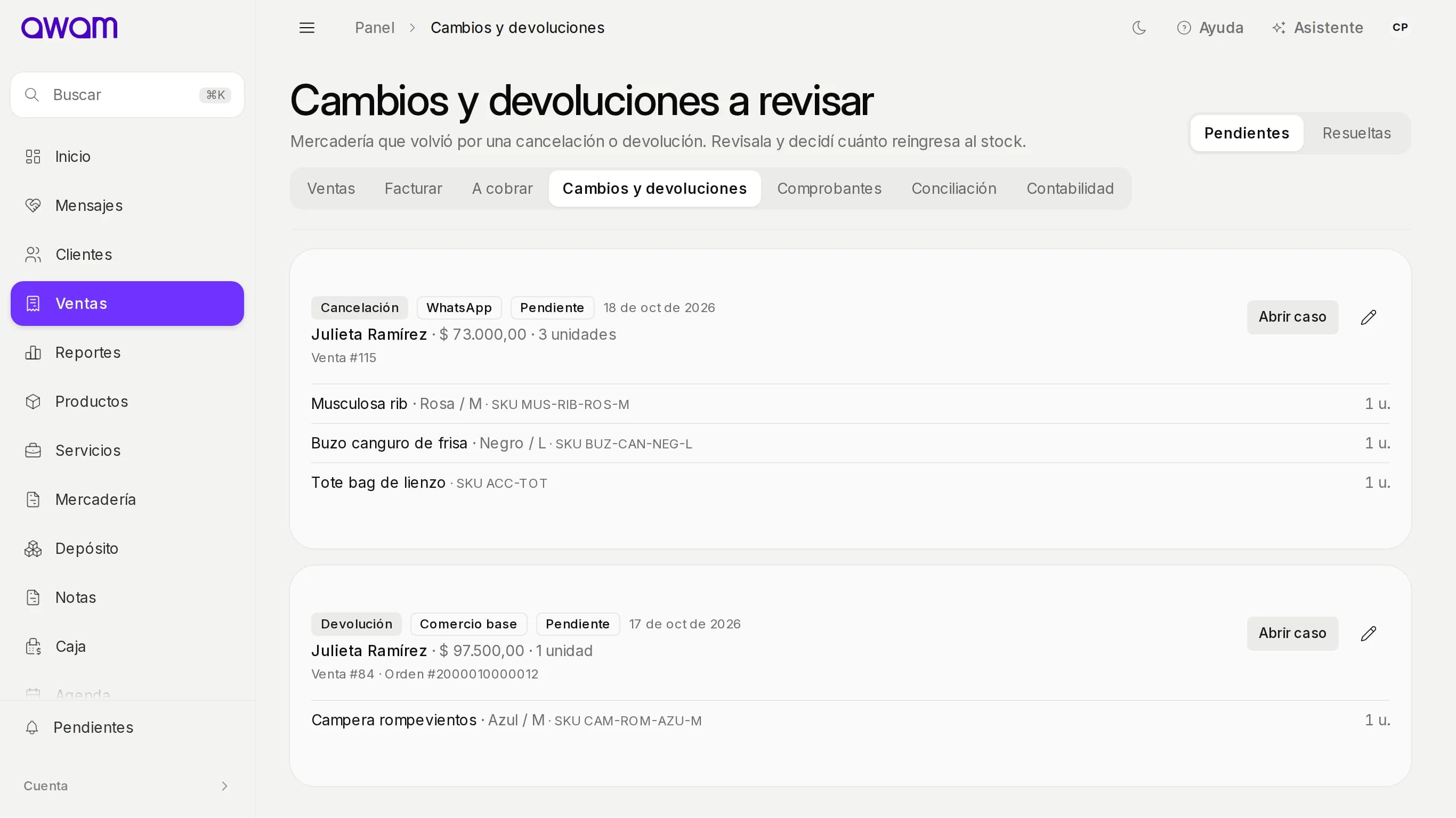 Cambios y devoluciones con una cancelación y una devolución pendientes
