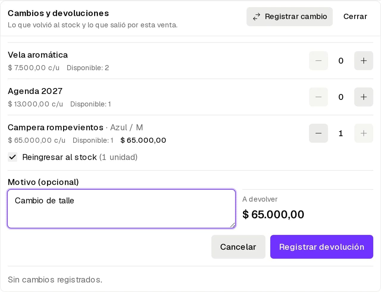 Panel de devolución con una unidad de la campera, Reingresar al stock y el motivo