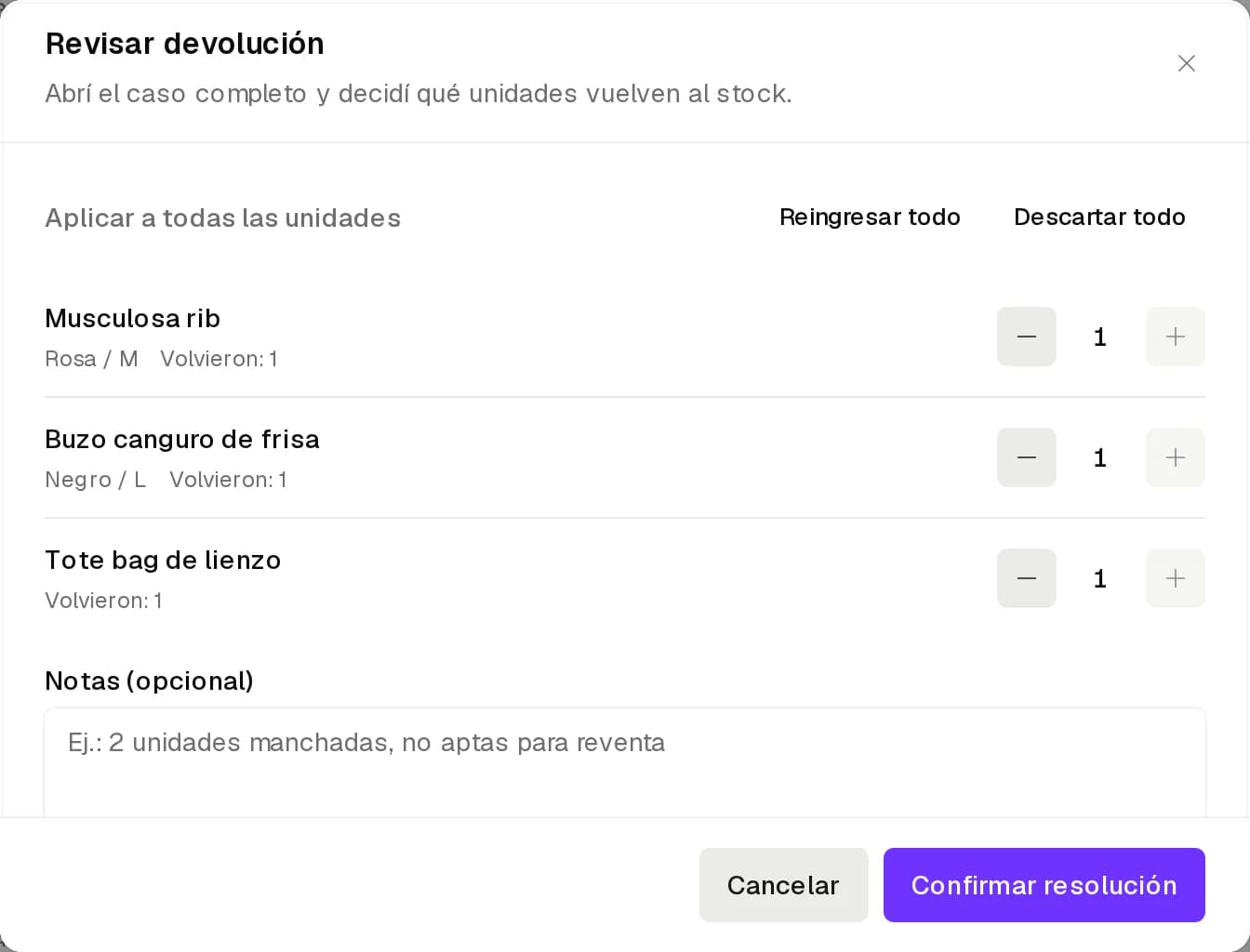 Revisar devolución con Reingresar todo, Descartar todo, las unidades y la nota