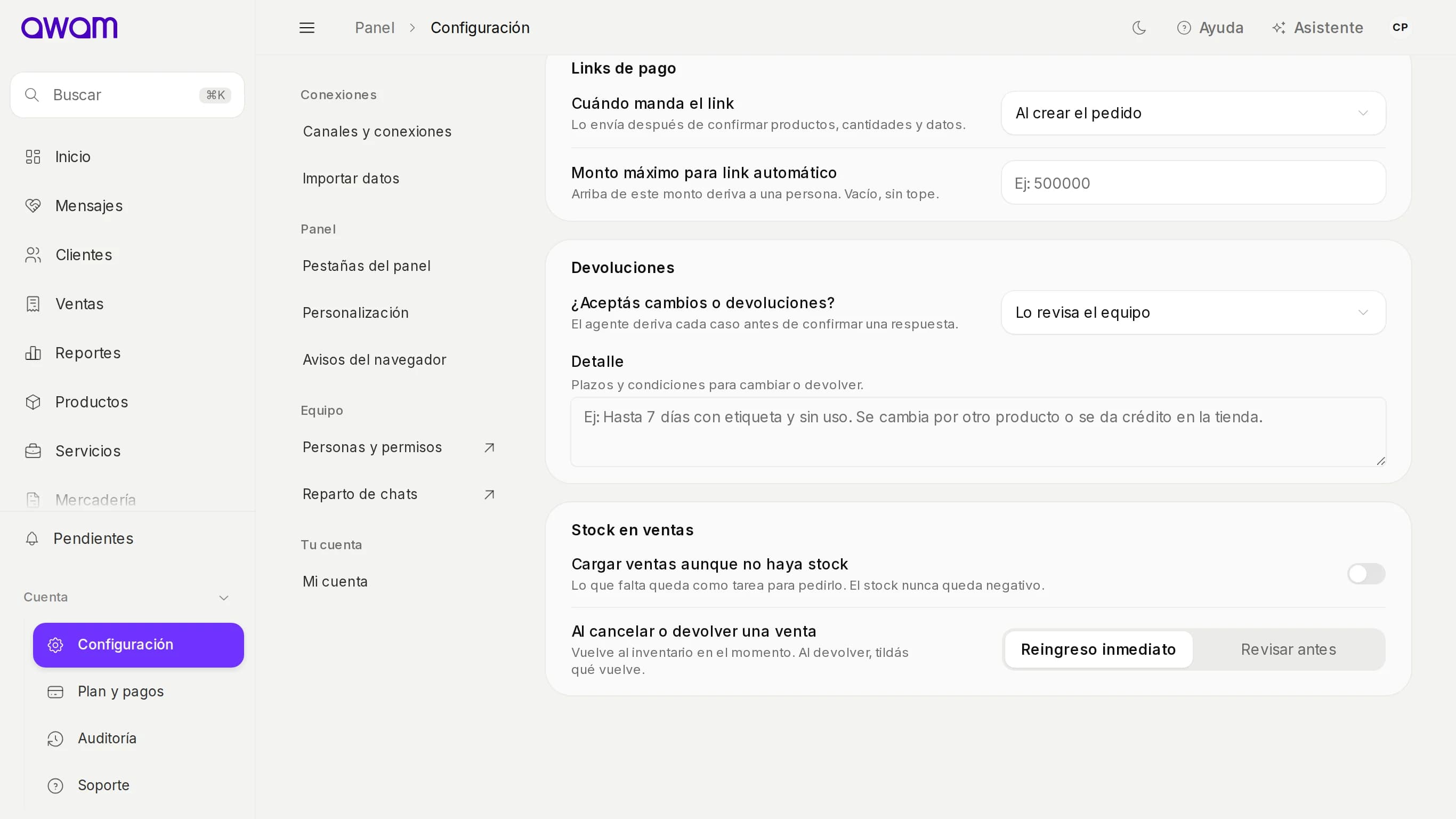 Configuración › Ventas y cobros con las devoluciones del agente y Stock en ventas con Reingreso inmediato y Revisar antes