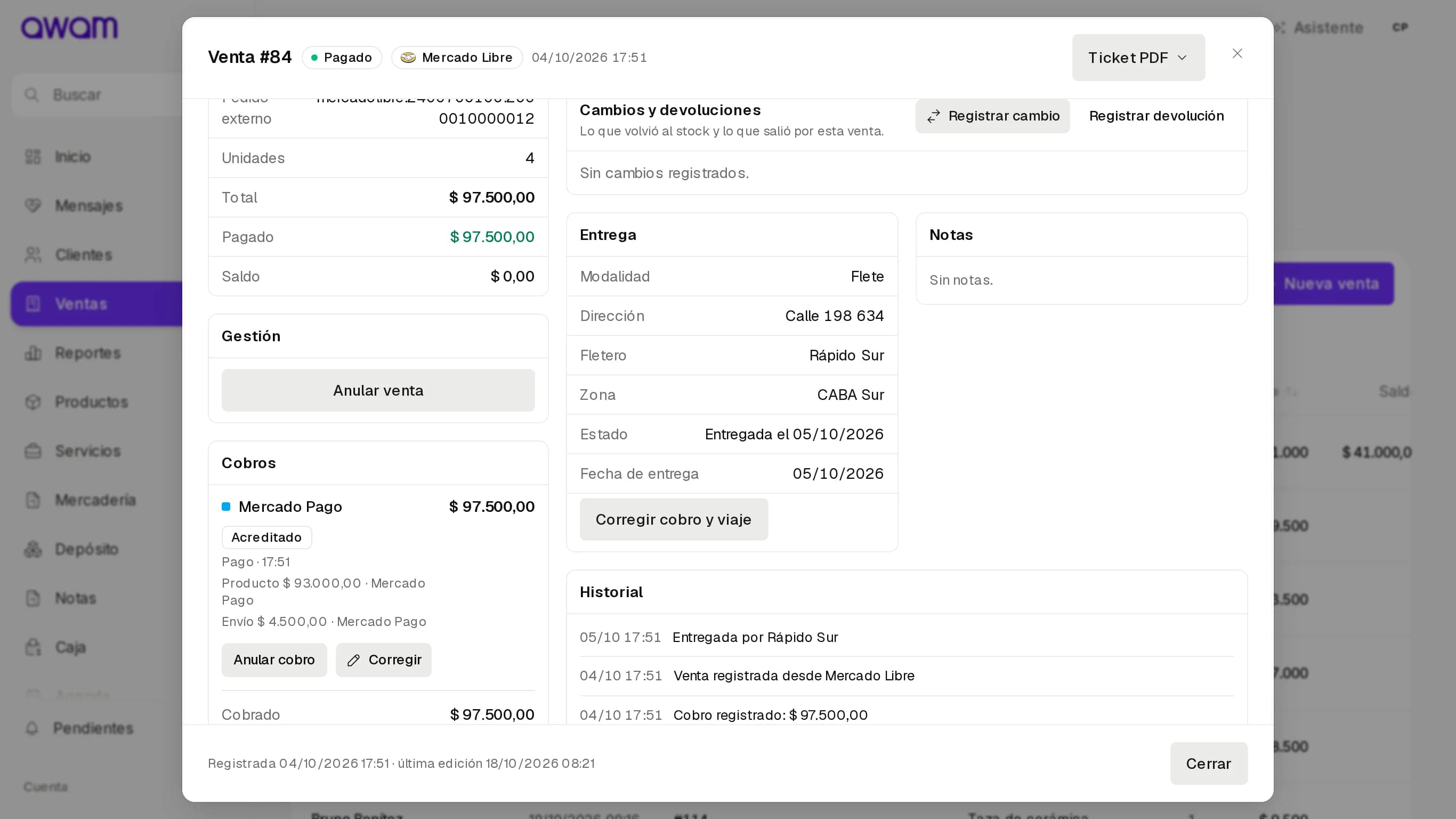 Detalle de una venta con la caja Cambios y devoluciones y sus botones