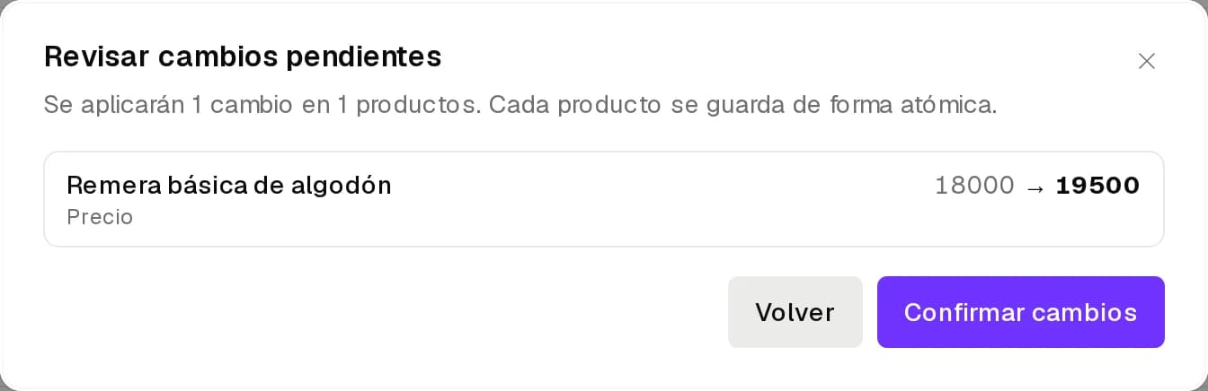 Revisar cambios pendientes con el precio anterior y el nuevo de la Remera básica de algodón