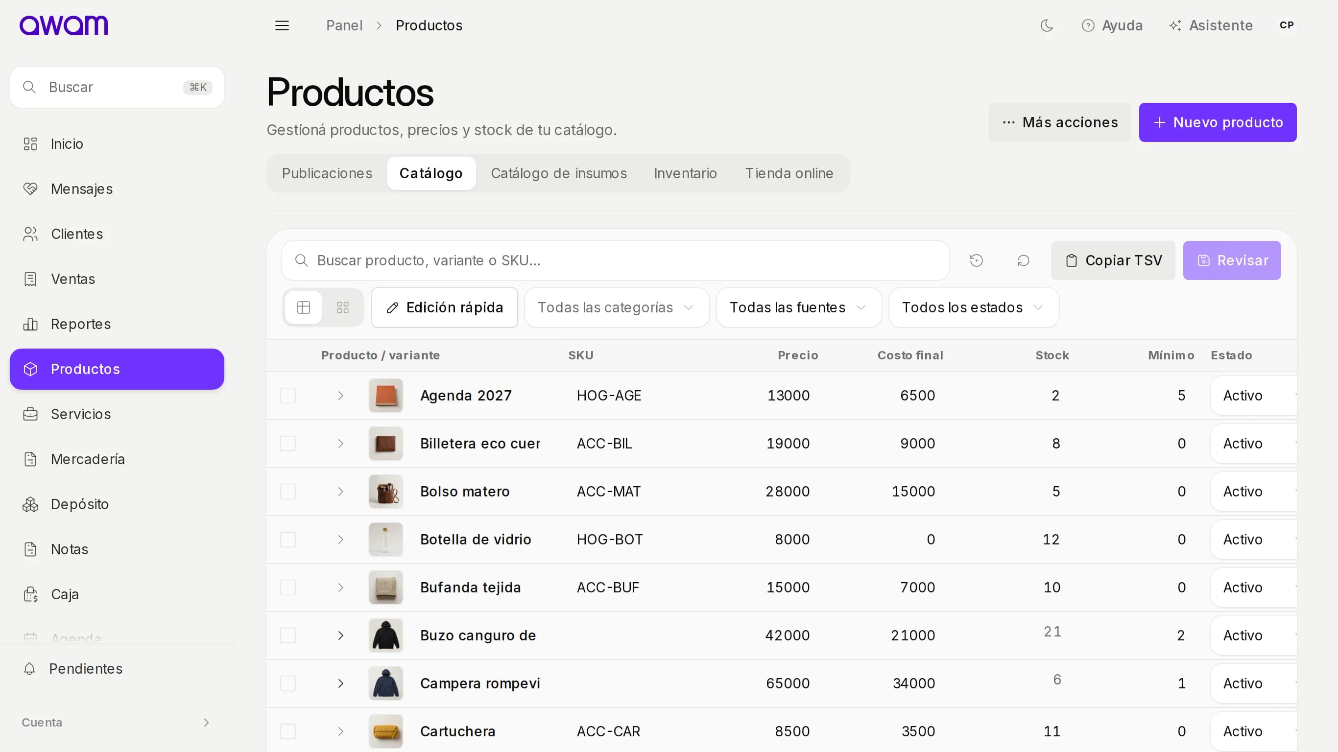 Edición rápida de productos con filtros, precios, costos y stock