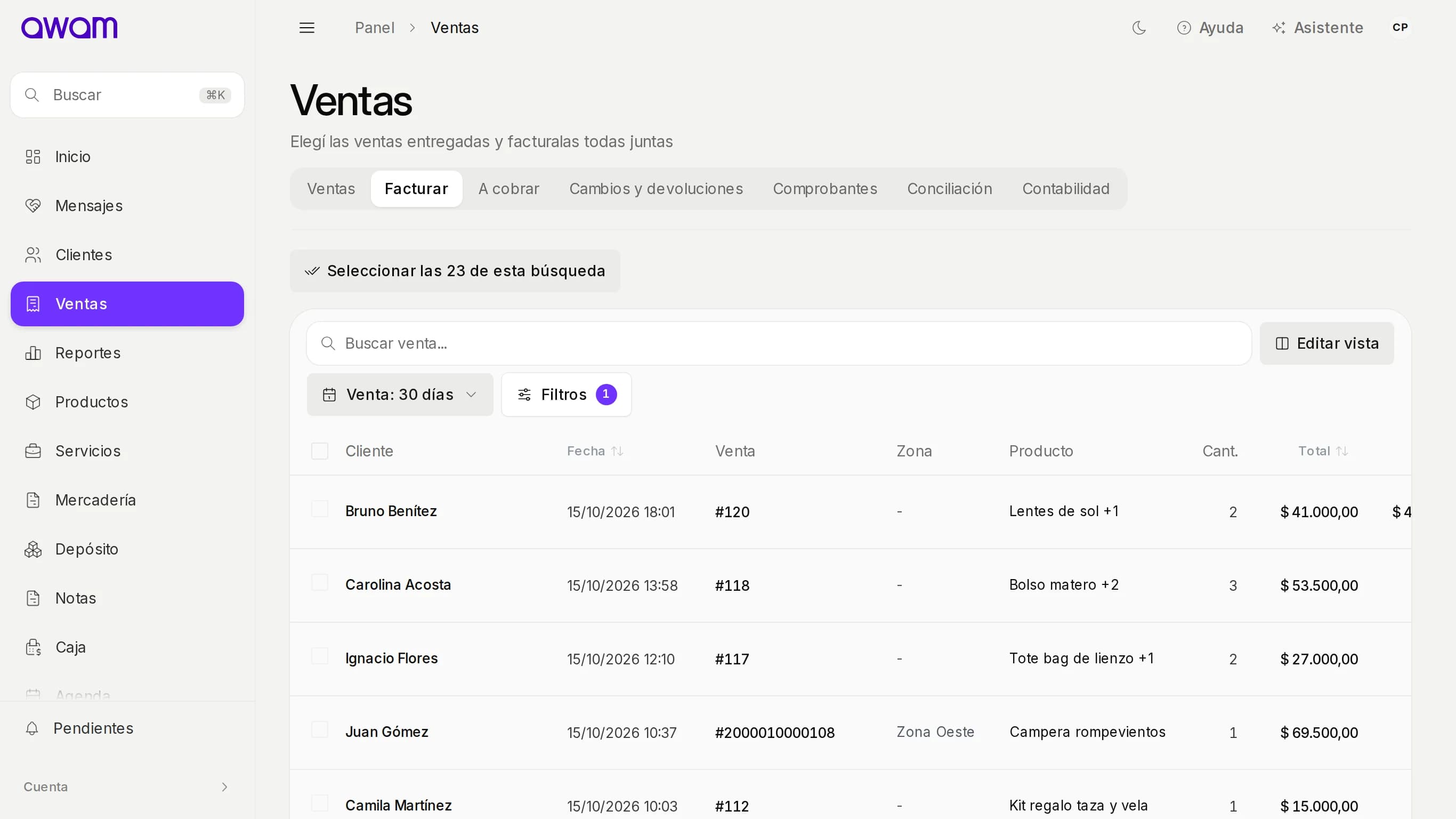 Ventas listas para facturar