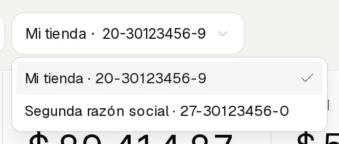 Selector abierto con Mi tienda y Segunda razón social, cada una con su CUIT