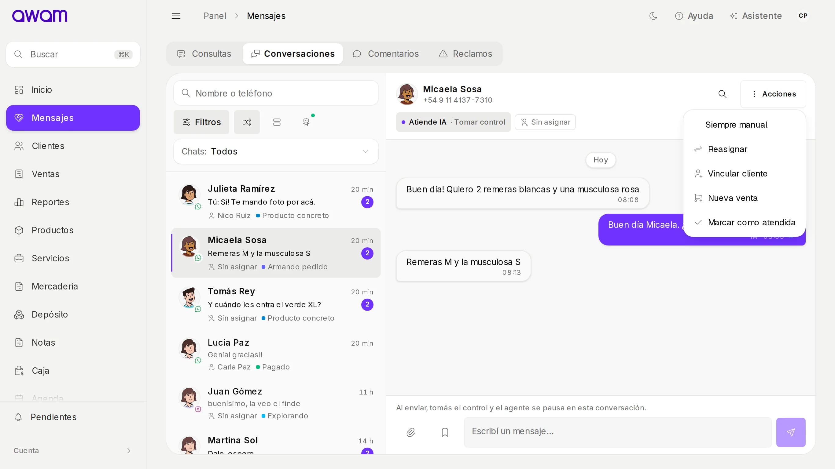 Menú Acciones abierto con Siempre manual, Reasignar, Vincular cliente, Nueva venta y Marcar como atendida