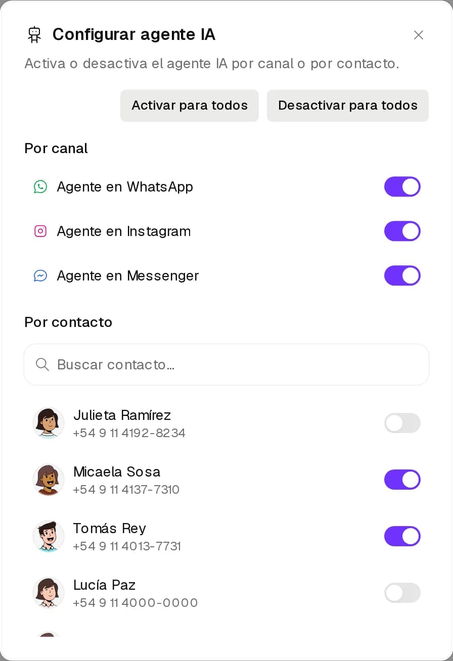 Diálogo Configurar agente IA con Activar para todos, Desactivar para todos, canales y contactos