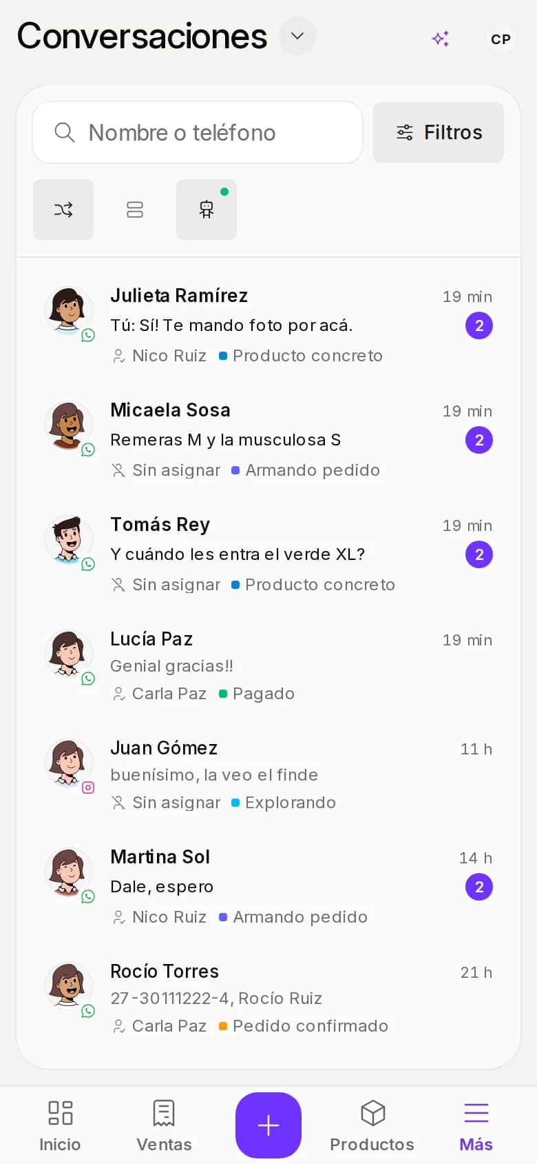 Bandeja de mensajes en un celular