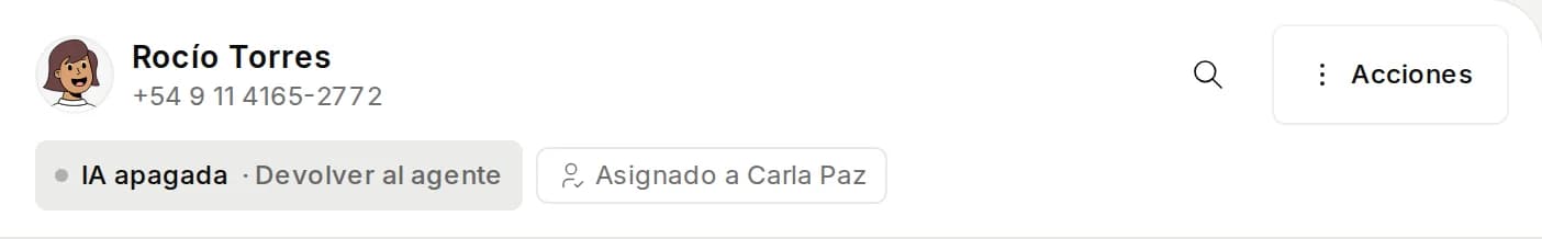 Encabezado con IA apagada · Devolver al agente y Asignado a Carla Paz