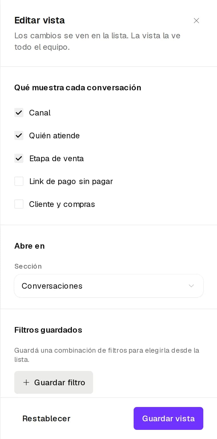Panel Editar vista de Mensajes con Qué muestra cada conversación, Abre en y Filtros guardados