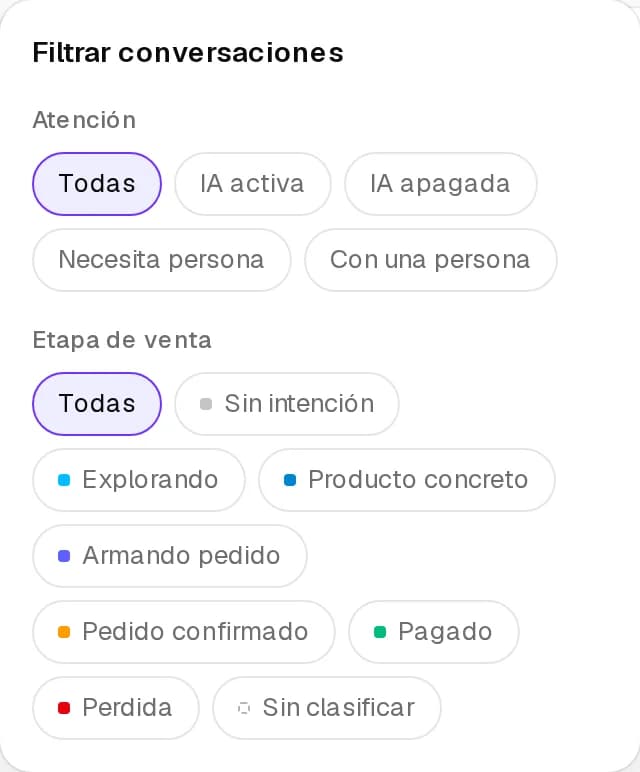 Filtrar conversaciones con los grupos Atención y Etapa de venta