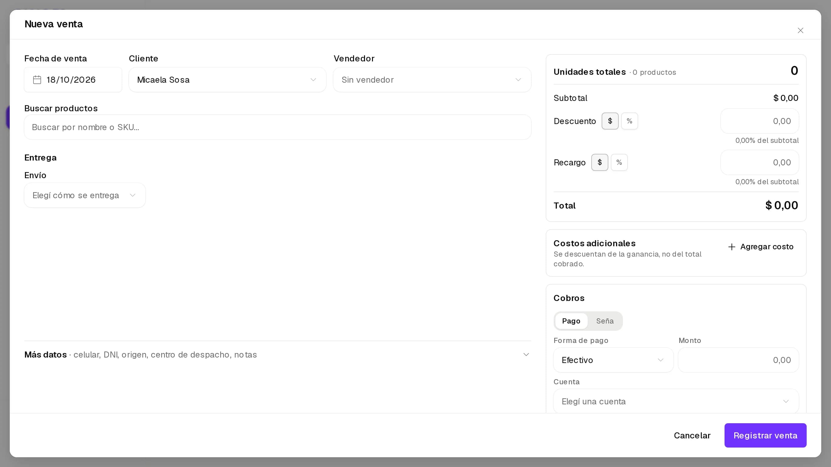 Formulario de venta nueva abierto desde la conversación