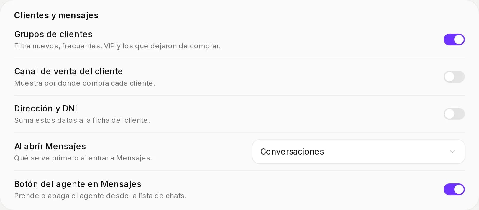 Bloque Clientes y mensajes de Personalización con Grupos de clientes, Canal de venta del cliente y Dirección y DNI