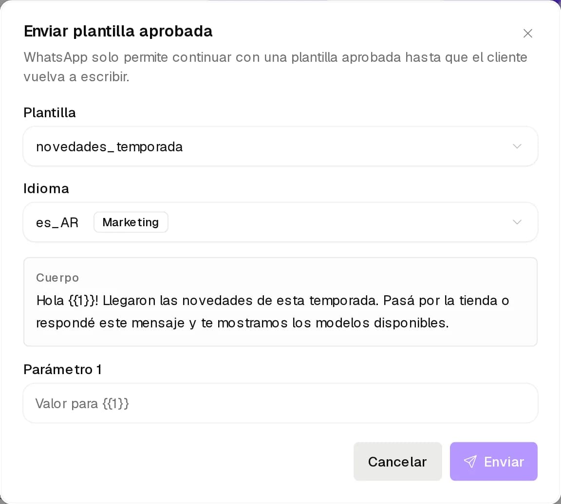 Diálogo Enviar plantilla aprobada con Plantilla, Idioma, el texto y Parámetro 1