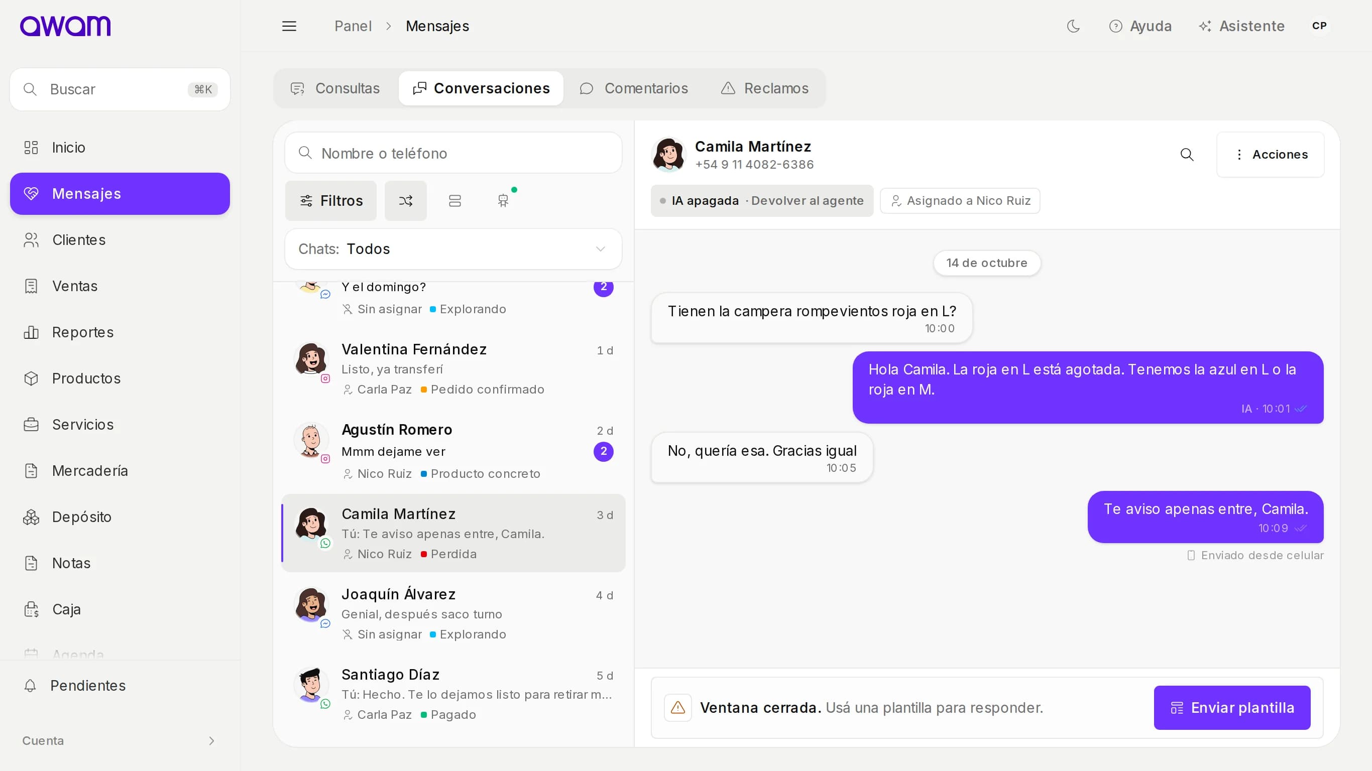 Conversación con Camila Martínez con el aviso Ventana cerrada y el botón Enviar plantilla