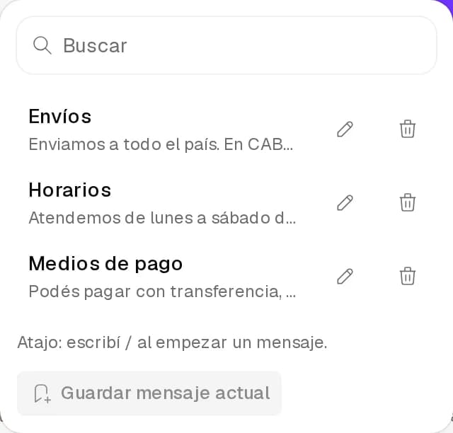 Respuestas guardadas con Horarios, Medios de pago y Envíos