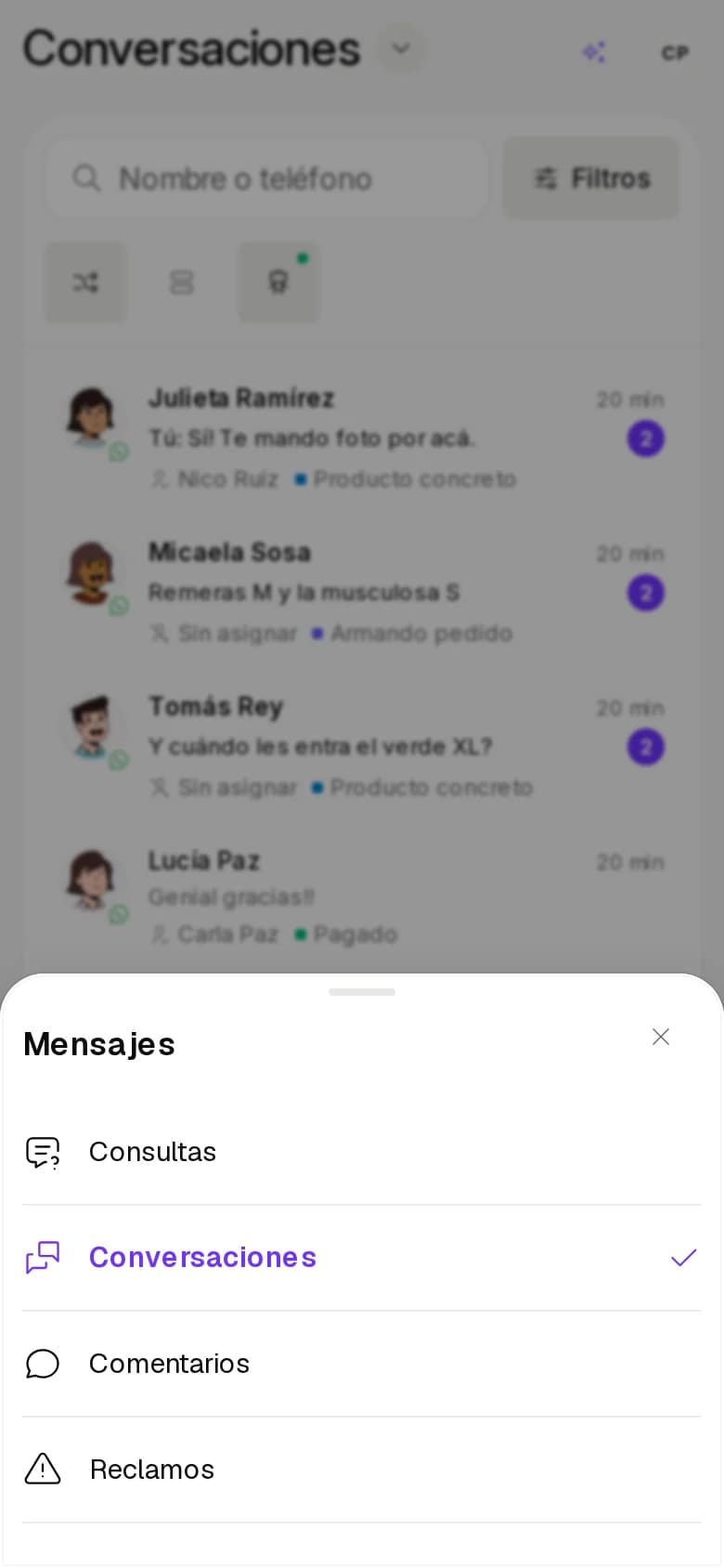 Hoja Mensajes con Consultas, Conversaciones, Comentarios y Reclamos