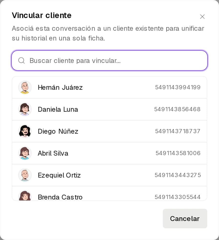 Diálogo para vincular la conversación con un cliente, con el buscador de clientes