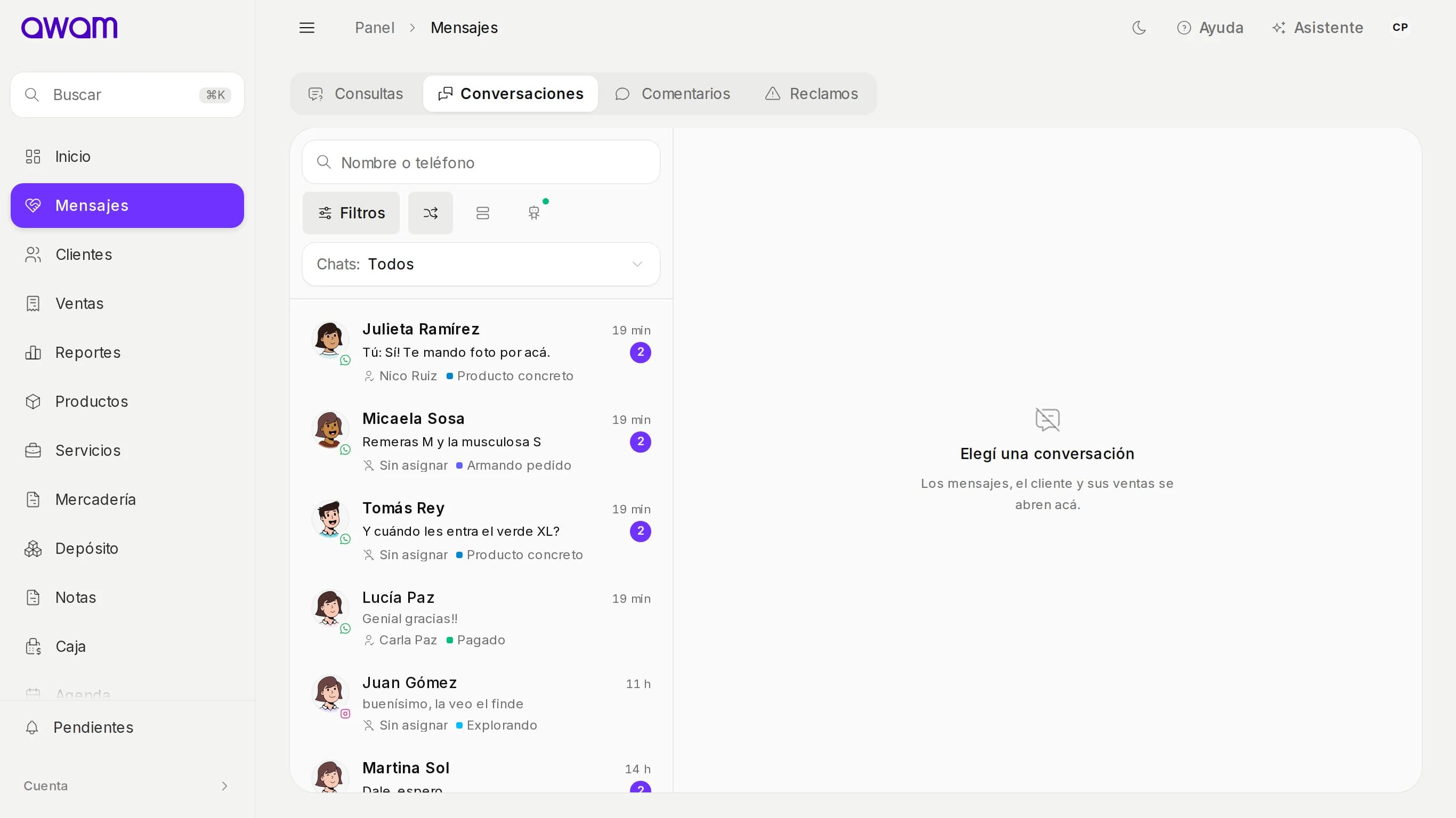 Bandeja de mensajes de AWAM con las conversaciones de clientes