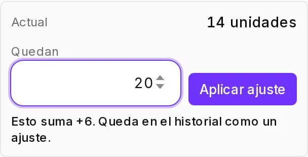 Stock de la Taza de cerámica con 14 unidades actuales, 20 escritas en Quedan y el aviso de que suma 6