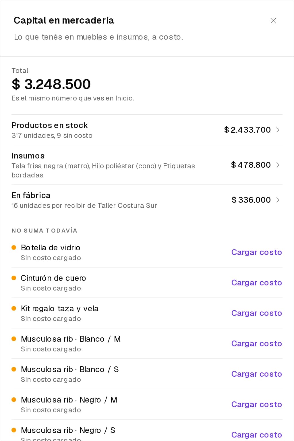 Hoja Capital en mercadería con el total, lo que suma cada parte y los productos sin costo con Cargar costo