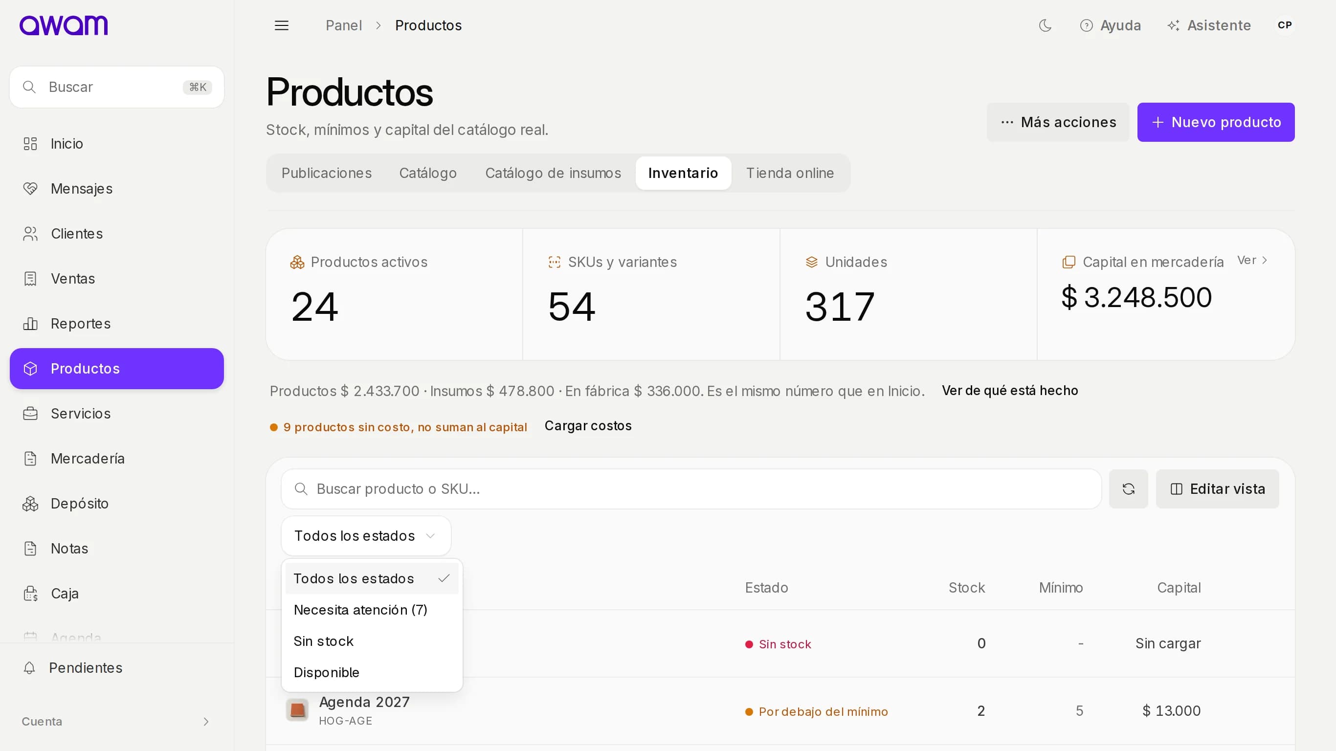Filtro de estado del inventario abierto con Necesita atención, Sin stock y Disponible