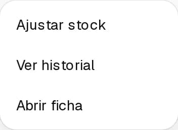 Menú de la Taza de cerámica con Ajustar stock y Ver historial