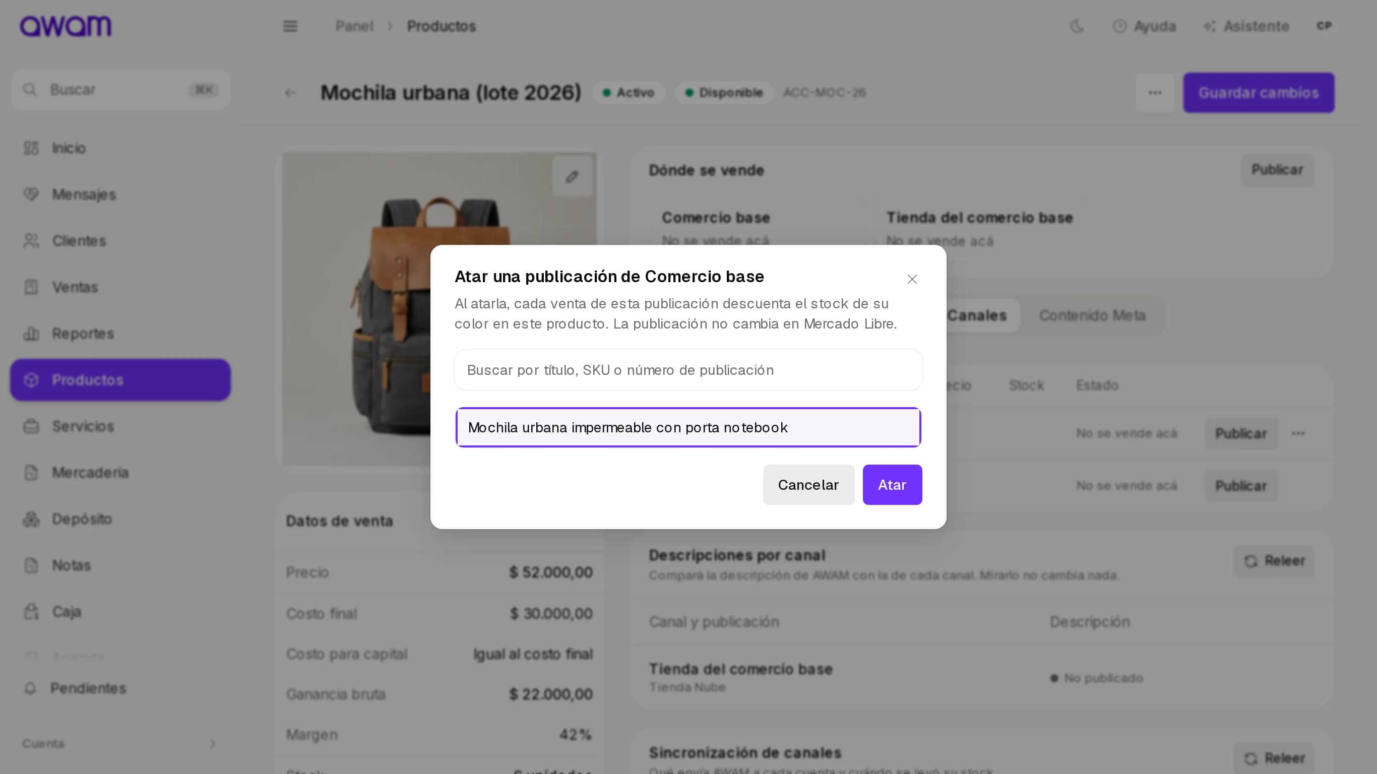 Ficha de la Mochila urbana del lote nuevo con el diálogo para atar la publicación de Mercado Libre de la mochila anterior
