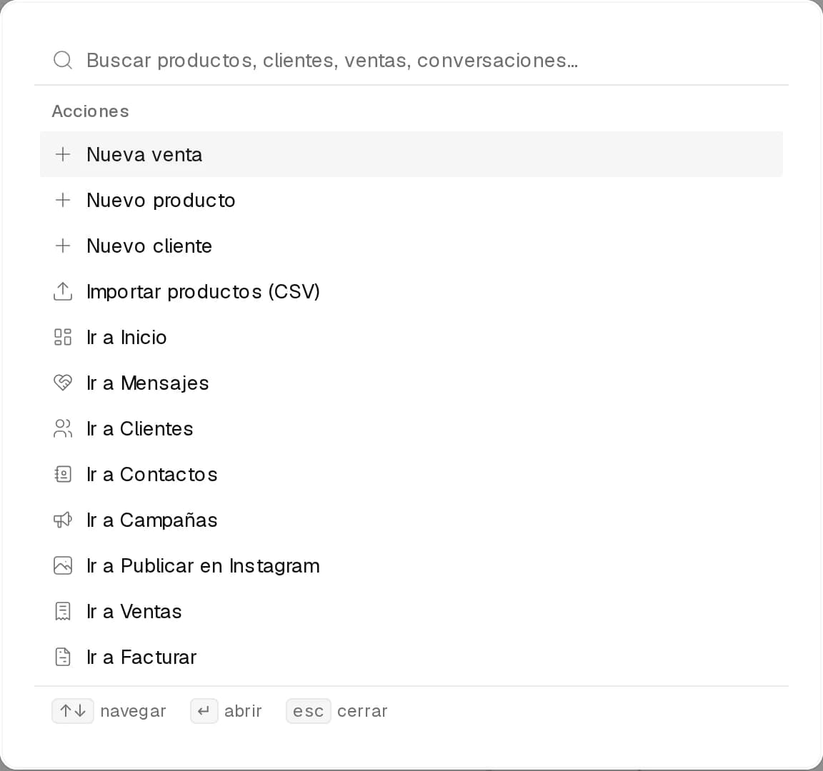 Buscador del panel abierto con acciones y atajos