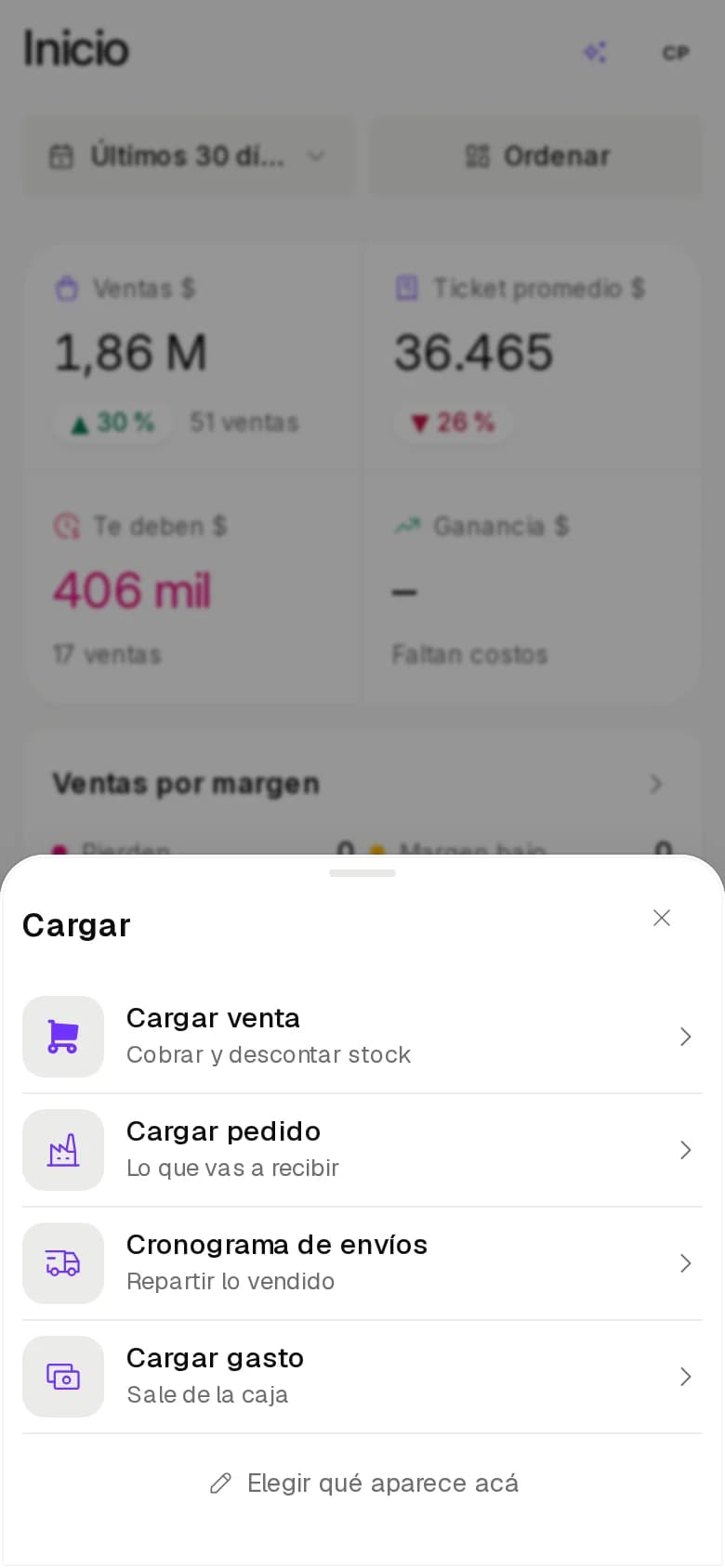 Hoja Cargar del celular con los accesos para cargar una venta, un gasto o un producto