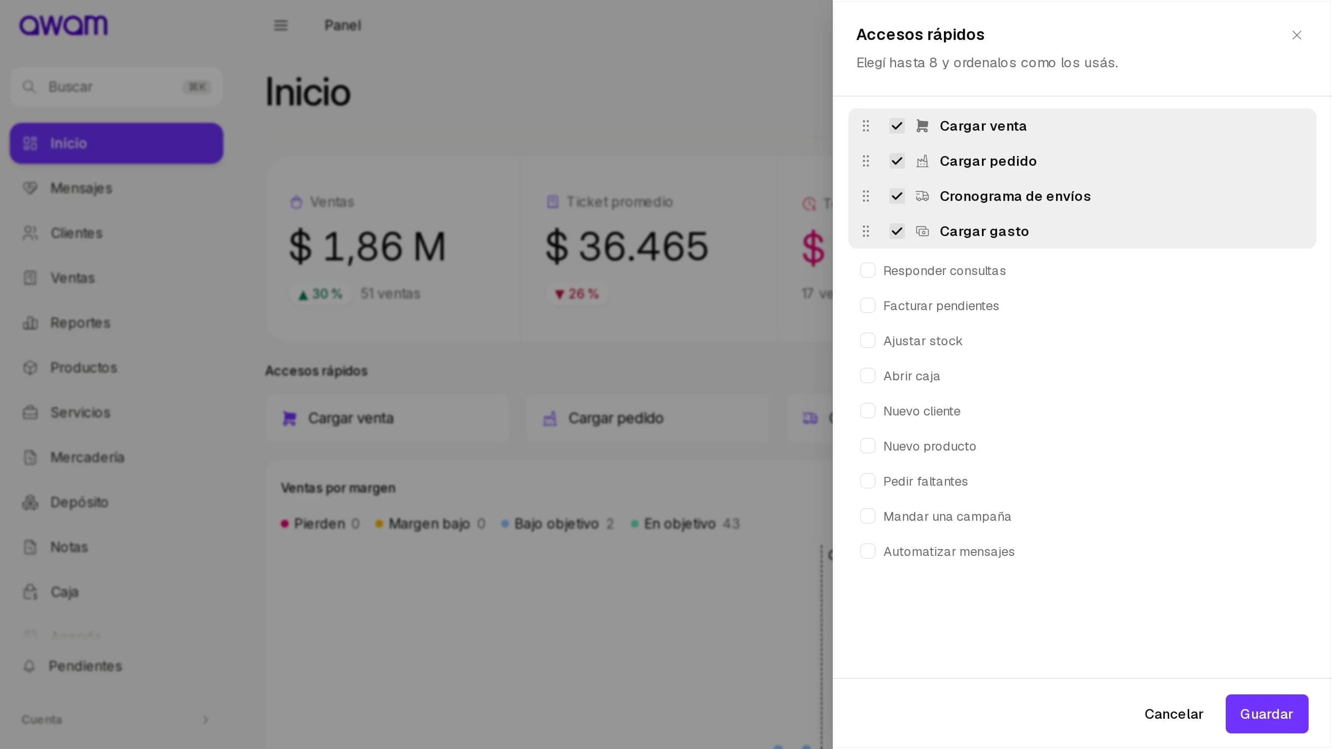 Hoja Accesos rápidos abierta al costado de Inicio con los accesos para elegir
