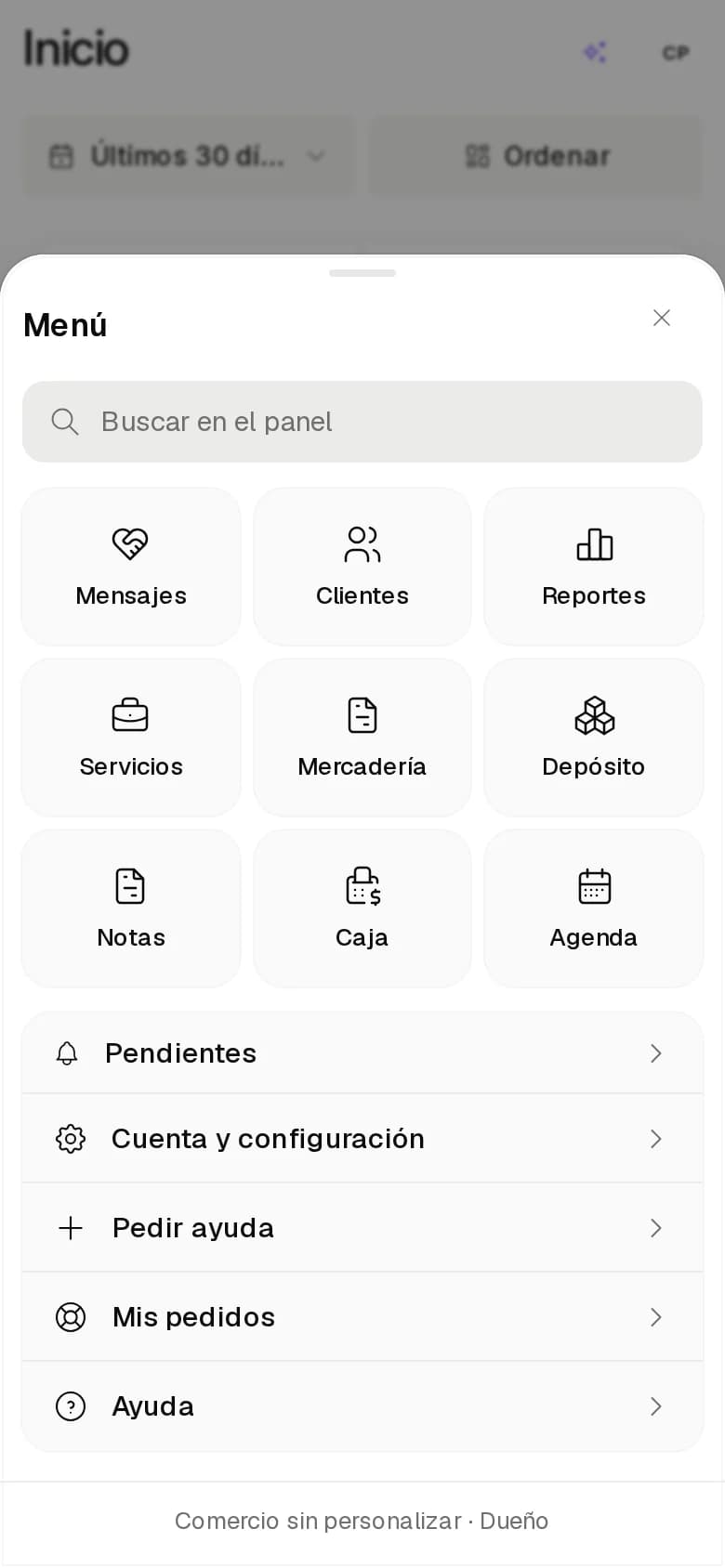 Hoja Menú del celular con el resto de las secciones, la cuenta y la ayuda
