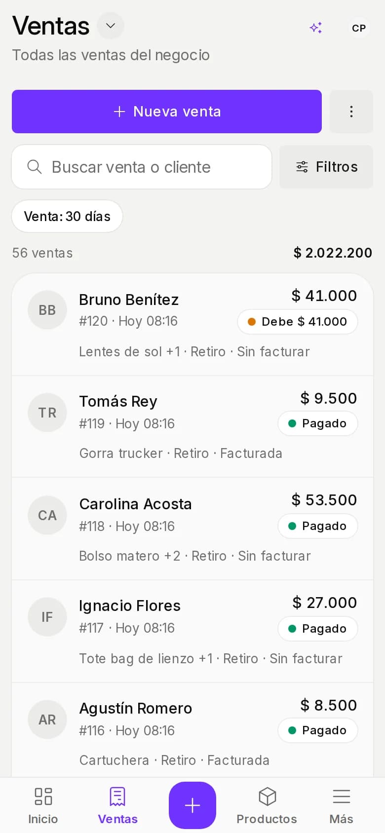 Lista de ventas en un celular
