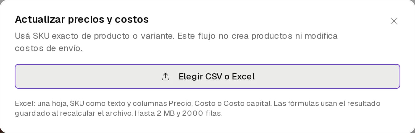 Diálogo Actualizar precios y costos para subir una planilla por SKU