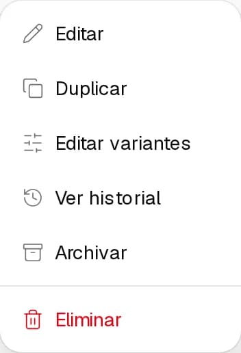Menú de la fila de la Remera básica de algodón con Editar, Duplicar, Editar variantes, Ver historial y Archivar