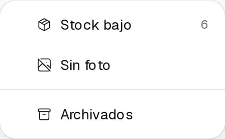 Menú Filtros con Stock bajo, Sin foto y Archivados